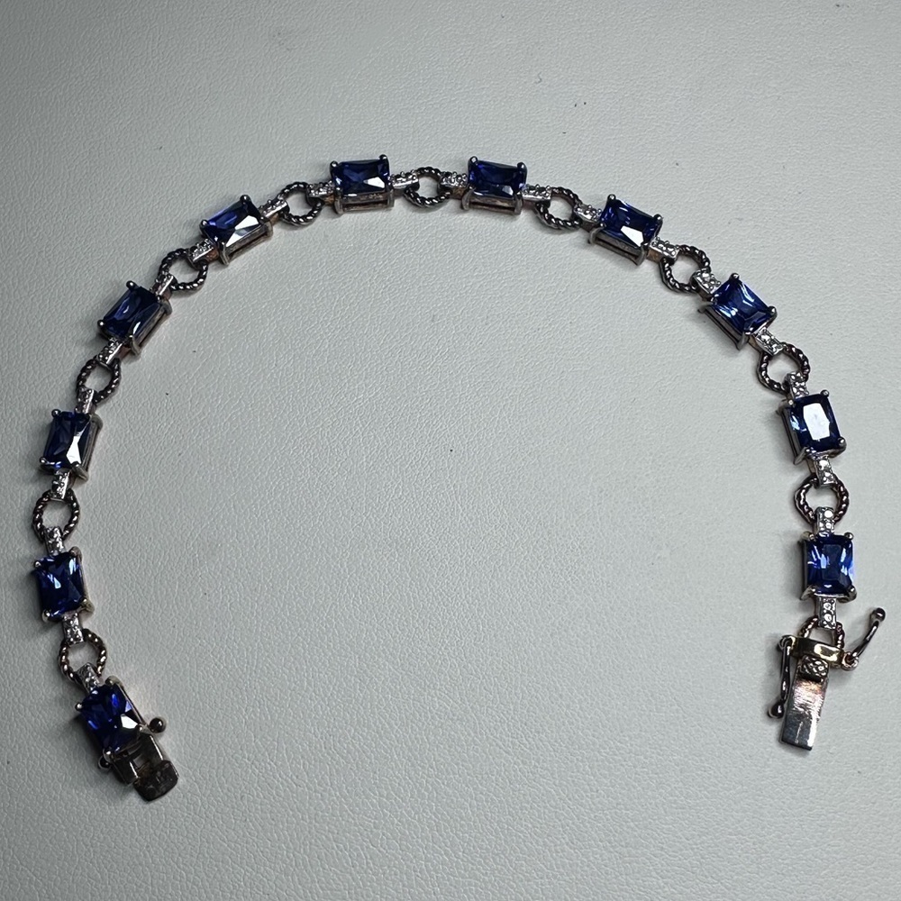 ADI 925 Sterling Silver Gold Overlay Tennis Bracelet Thailand 11 blue stones 🧊